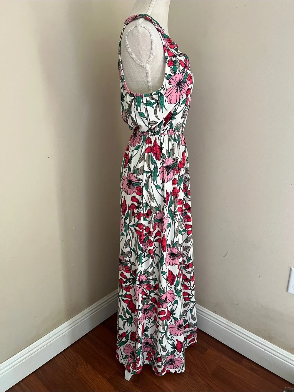 French Grey White Maxi Dress with Pink & Red Floral Print - Picture 4 of 9